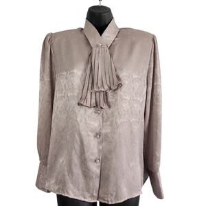 VINTAGE 1980s Christie & Jill blouse embossed paisley ascot bow taupe size 10